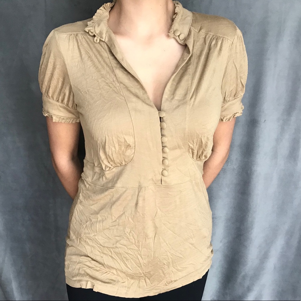 ZARA Tan Short Sleeve Top with Ruffle trim - L